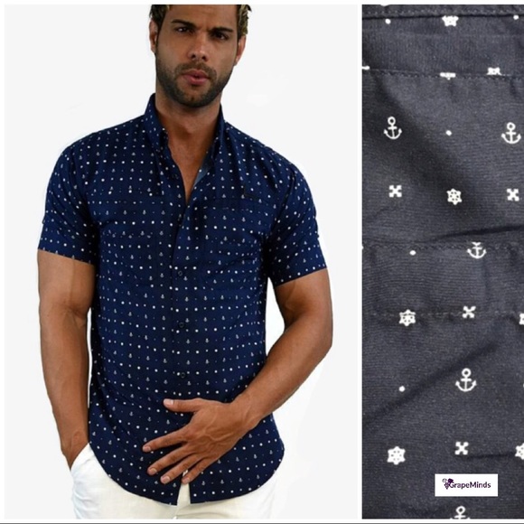 Other - Men's Nautical Navy White Cotton Poly Shirt